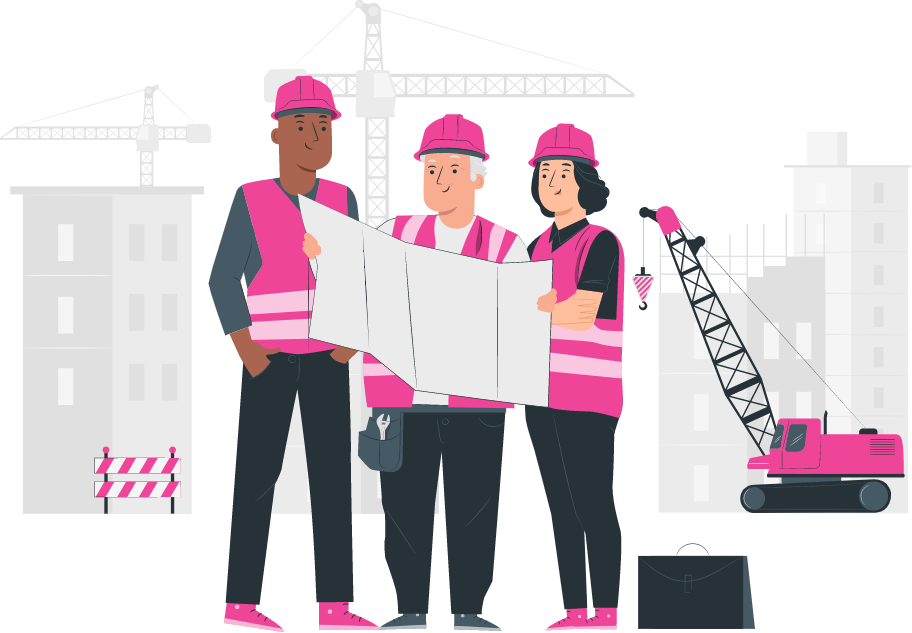 Recruitment business - construction workers huddled around a map